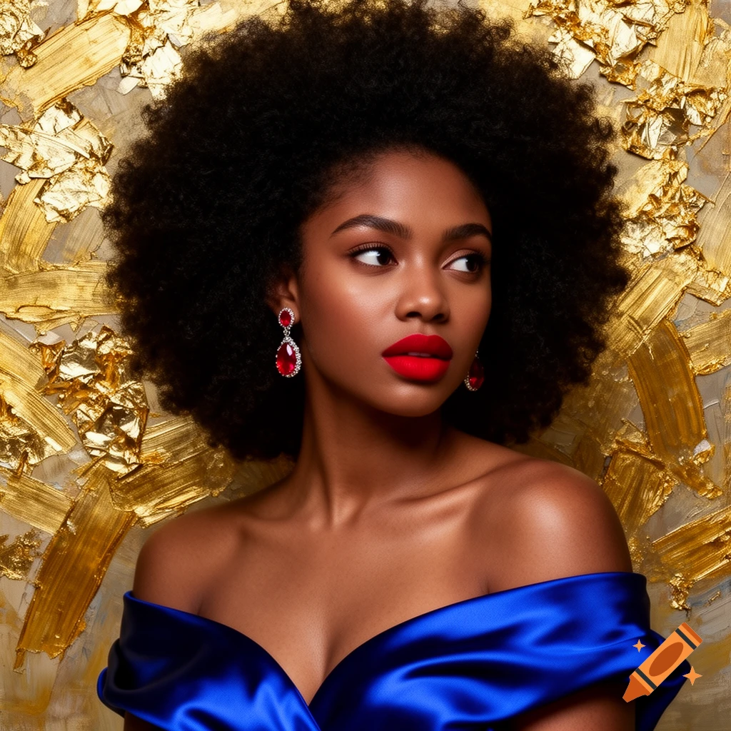 Close-up portrait of a beautiful young African woman with a voluminous afro, red lipstick, ruby earrings, and a blue off-shoulder satin dress, against an abstract gold leaf background.