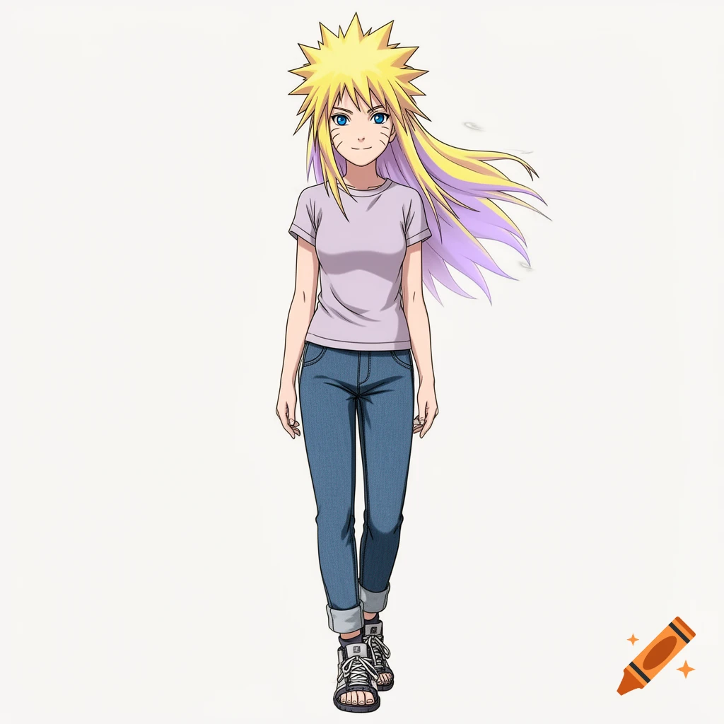 An anime female character with spiky yellow and purple hair, blue eyes, whisker marks, wearing a lavender t-shirt, blue jeans, and sandals, in Naruto Shippuden style.