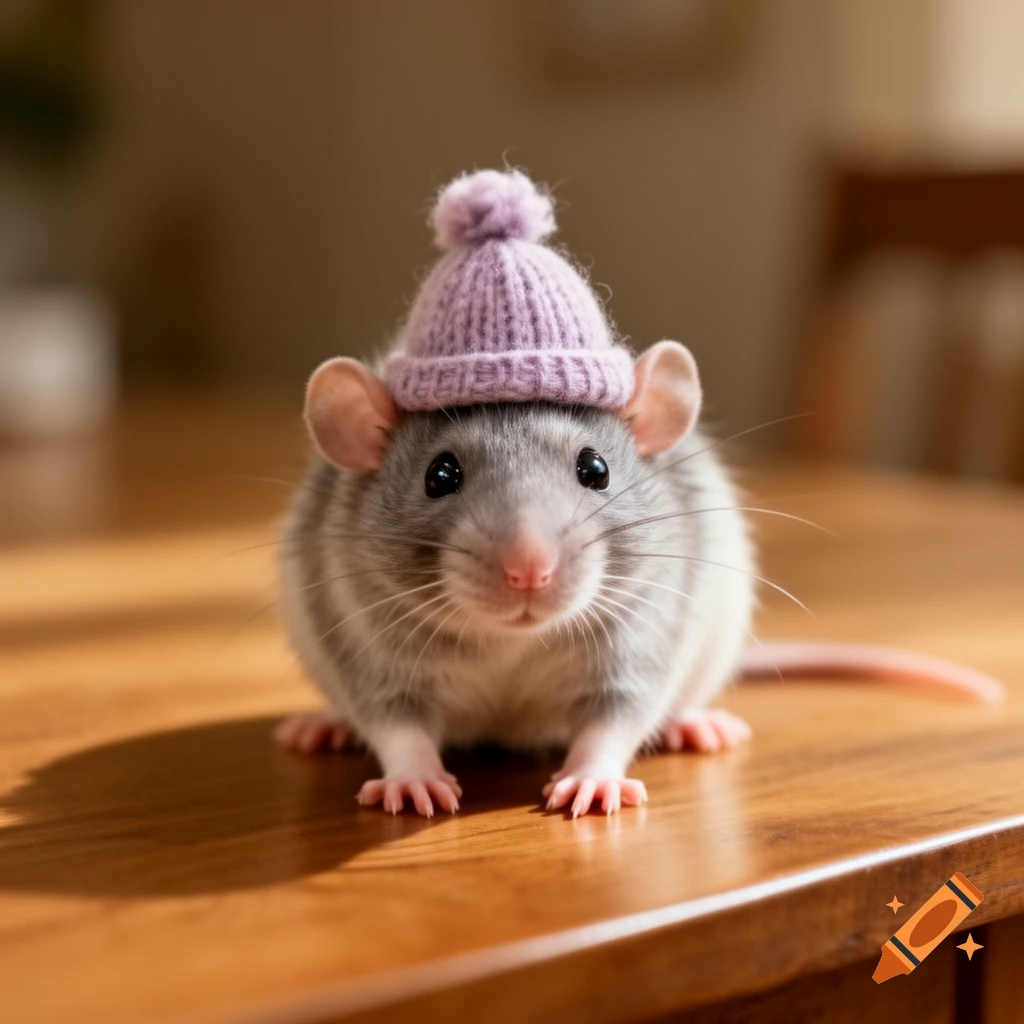 A cute grey and white rat wearing a small purple knitted hat with a pom-pom, sitting on a wooden table.