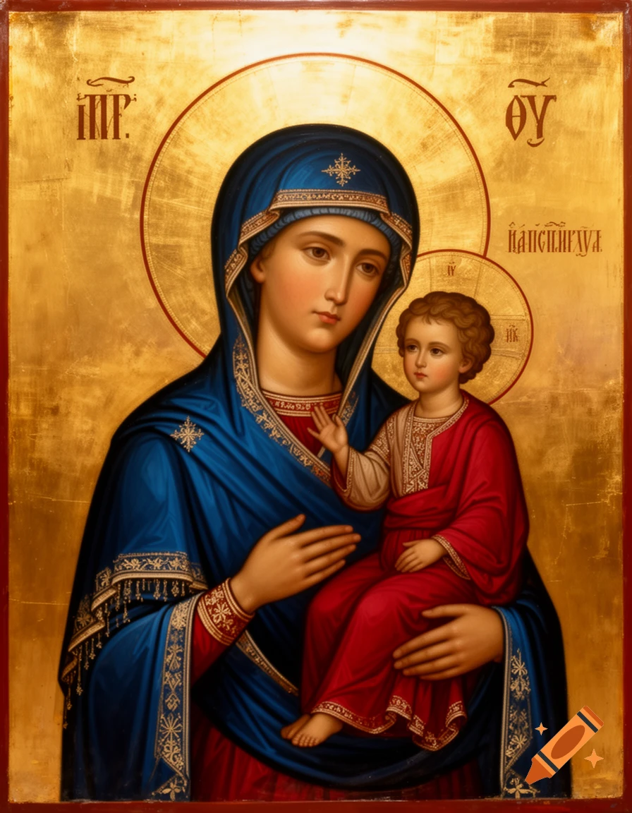 A richly detailed Byzantine icon painting of the Madonna and Child, featuring Mary in a blue robe holding a red-robed Jesus, against a golden background with religious text.
