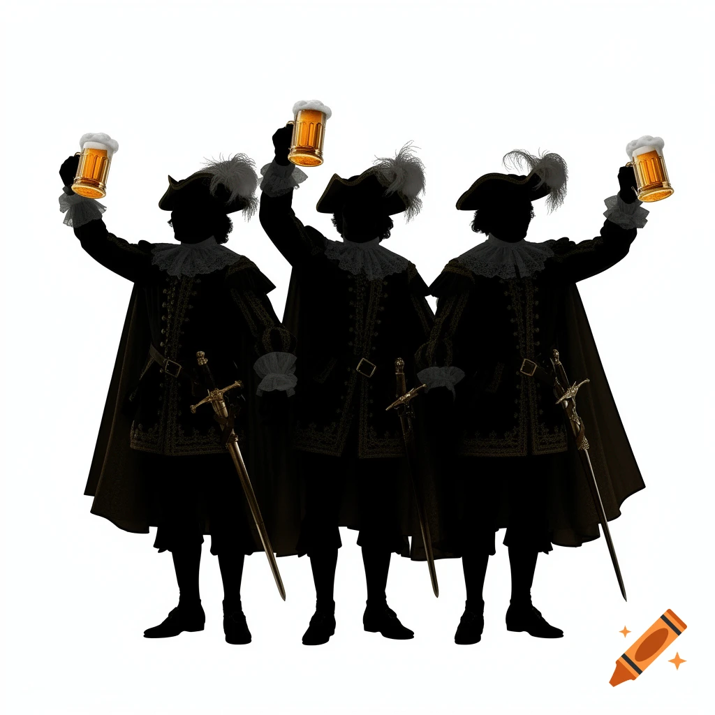 Three musketeer silhouettes in plumed hats and period clothing raise steins of beer against a white background.