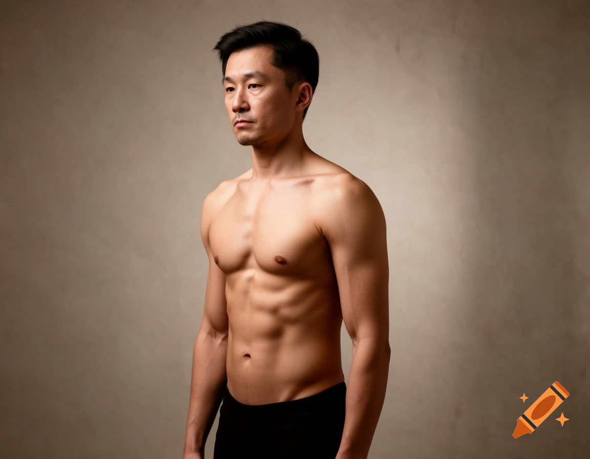 A fit, shirtless Asian man with dark hair poses against a warm beige background, looking to the left.