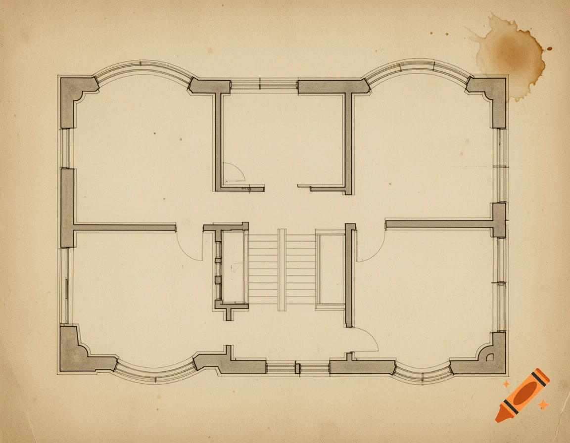 A vintage-style floor plan of a museum basement with four rooms and a central staircase, on sepia-toned paper with a coffee stain.