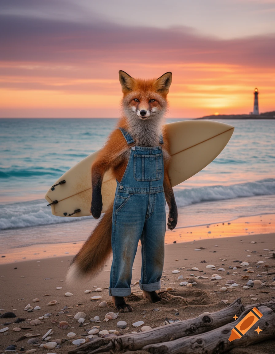 A photorealistic fox in denim overalls stands on a sandy beach with a surfboard, a lighthouse visible in the distance at sunset.