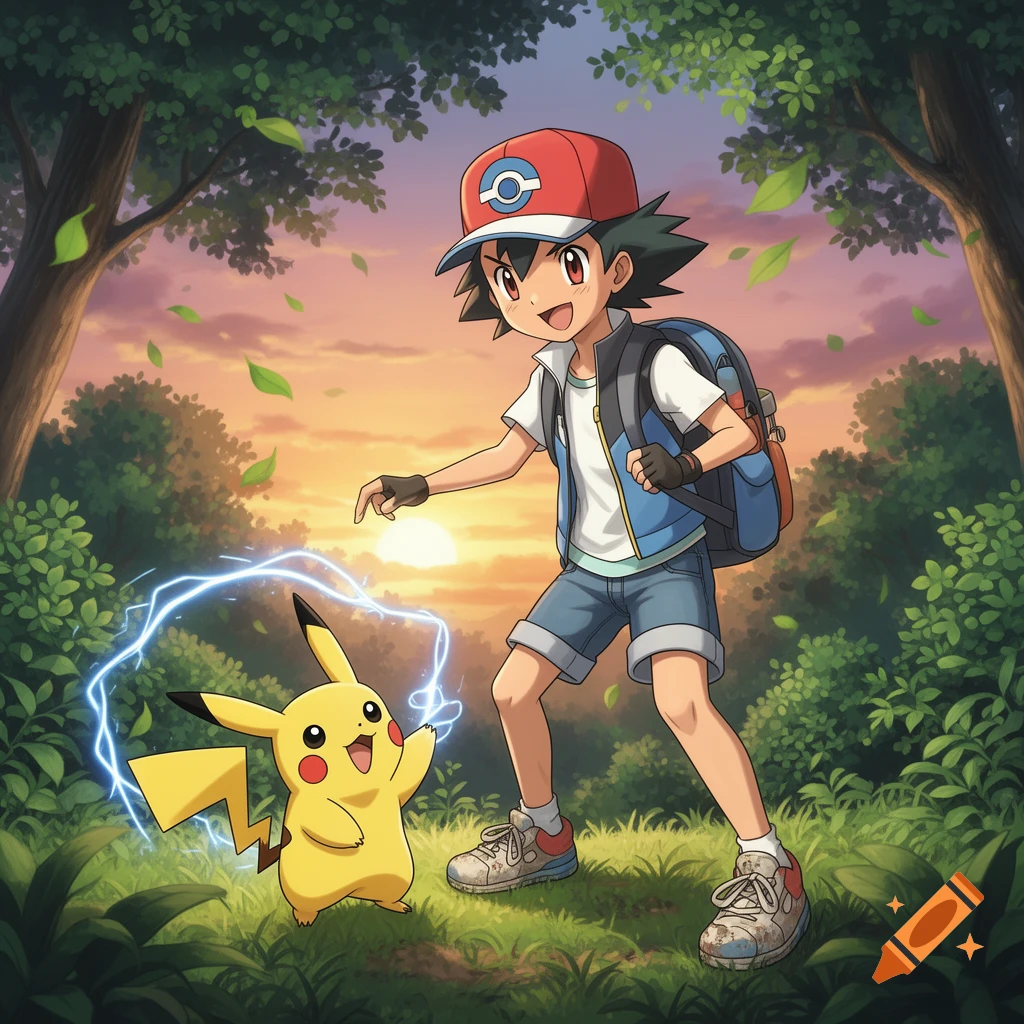 Anime style illustration of Ash Ketchum and Pikachu in a forest at sunset, with Pikachu generating electricity.