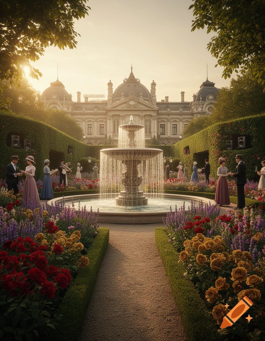 A grand, photorealistic scene of elegantly dressed people in a manicured garden with a large fountain, set against a stately palace at sunset.