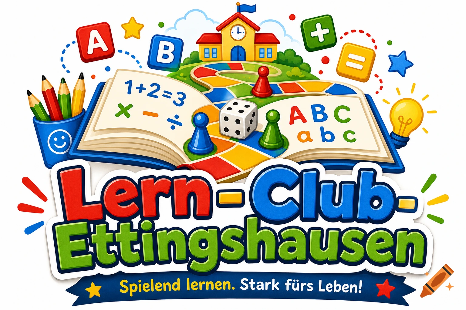 Colorful logo for 'Lern-Club-Ettingshausen' with a board game, schoolhouse, pencils, dice, and math and alphabet symbols.