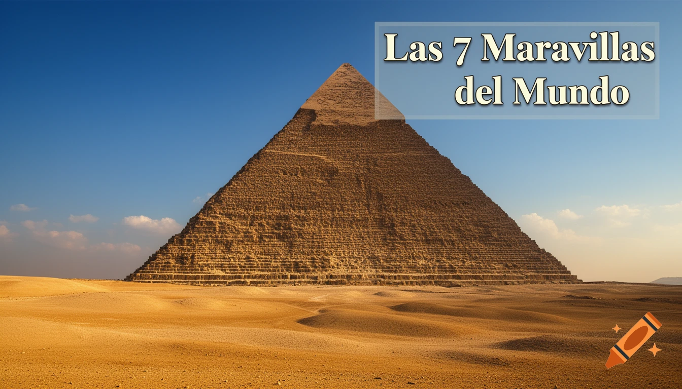 A majestic pyramid stands in a vast desert under a clear blue sky, with 'Las 7 Maravillas del Mundo' text overlaid.