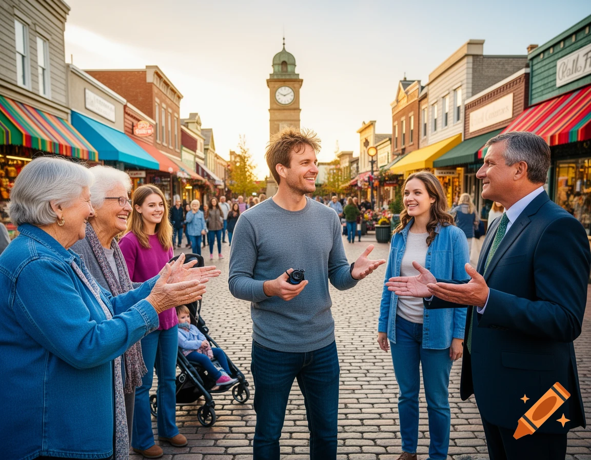 A group of diverse people engaging in happy conversation on a cobblestone street lined with shops and a clock tower.