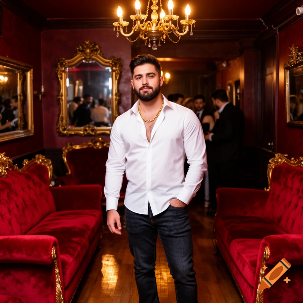 A man in a white shirt and gold chain stands confidently in a lavish room with red velvet couches, ornate gold mirrors, and a chandelier.