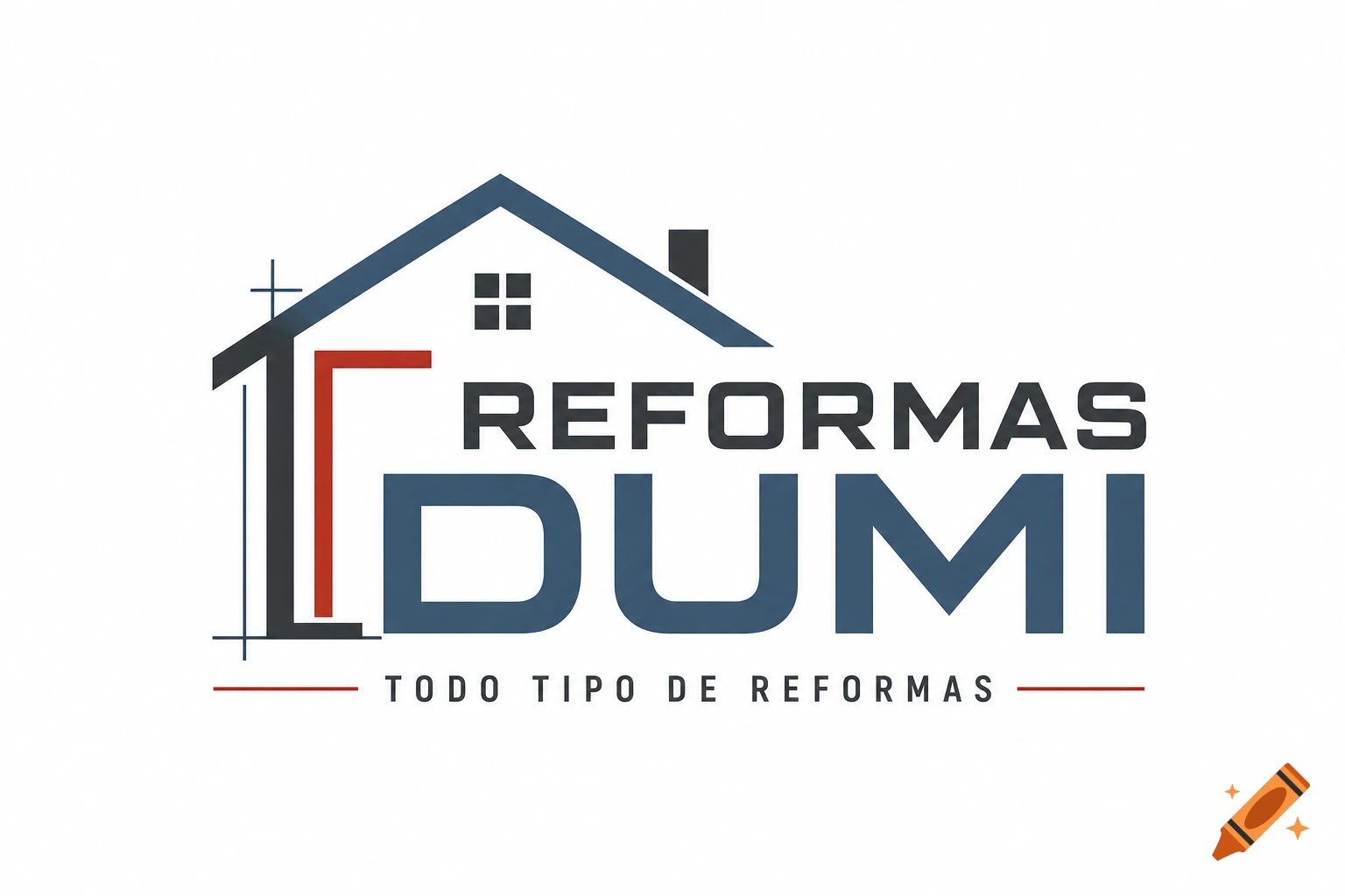 A professional logo for 'Reformas Dumi' featuring a stylized house icon in blue, red, and dark grey, with the company name and slogan.