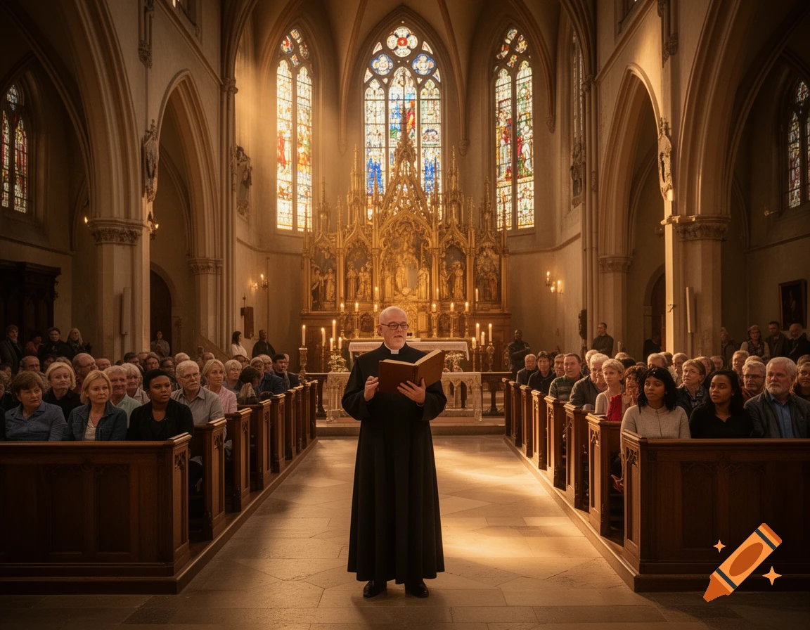 A priest in a black cassock reads from a book in a grand church, with a congregation seated in pews. Photorealistic style.