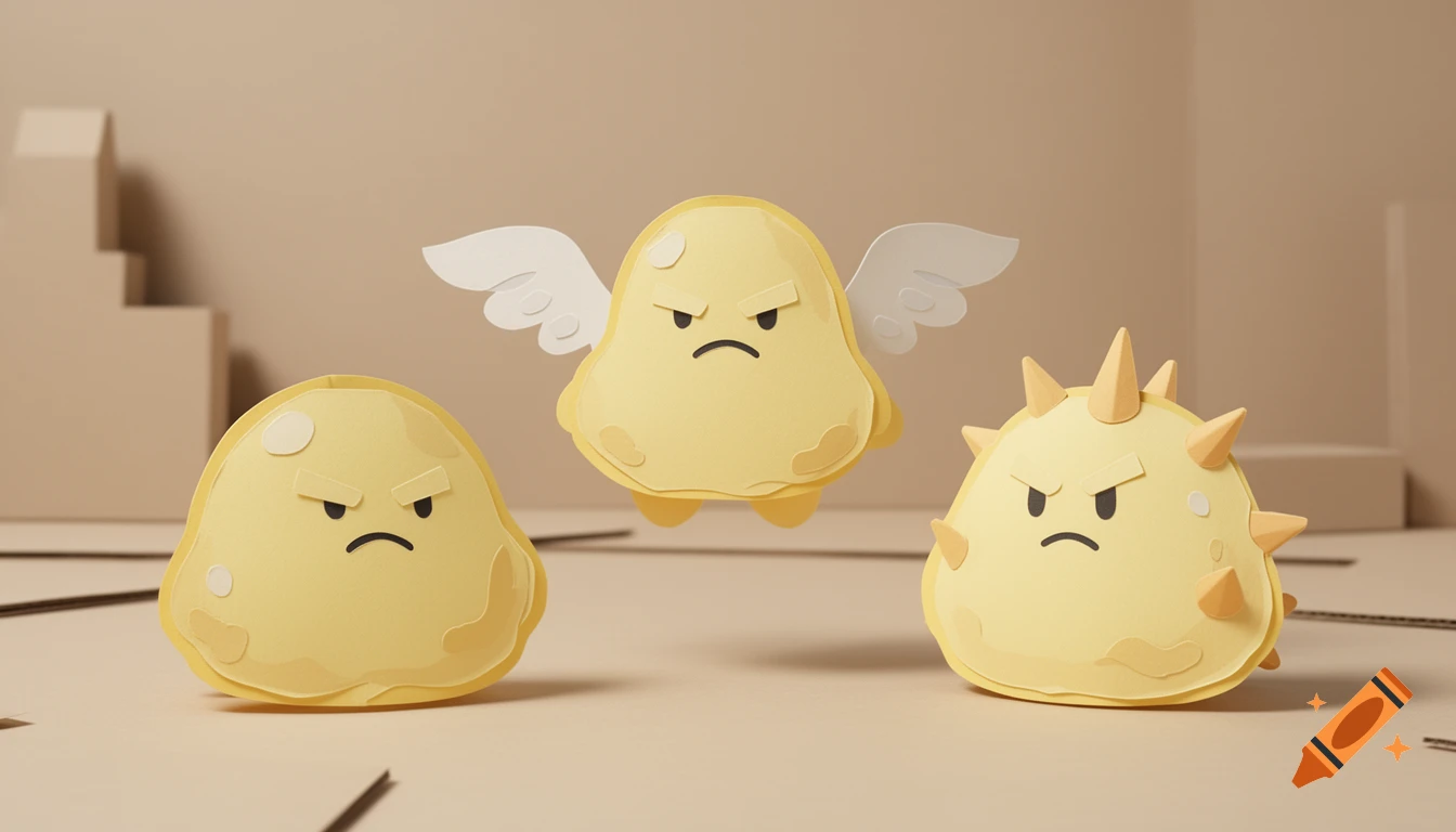 Three angry yellow papercraft blob creatures: a base form, a winged variant, and a spiked variant, in a minimalist paper diorama.