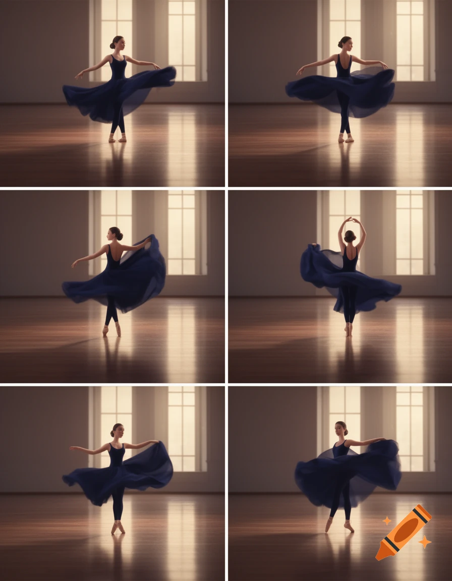 A six-panel grid showing a female ballerina in a dark blue flowing dress dancing in a studio with large windows.