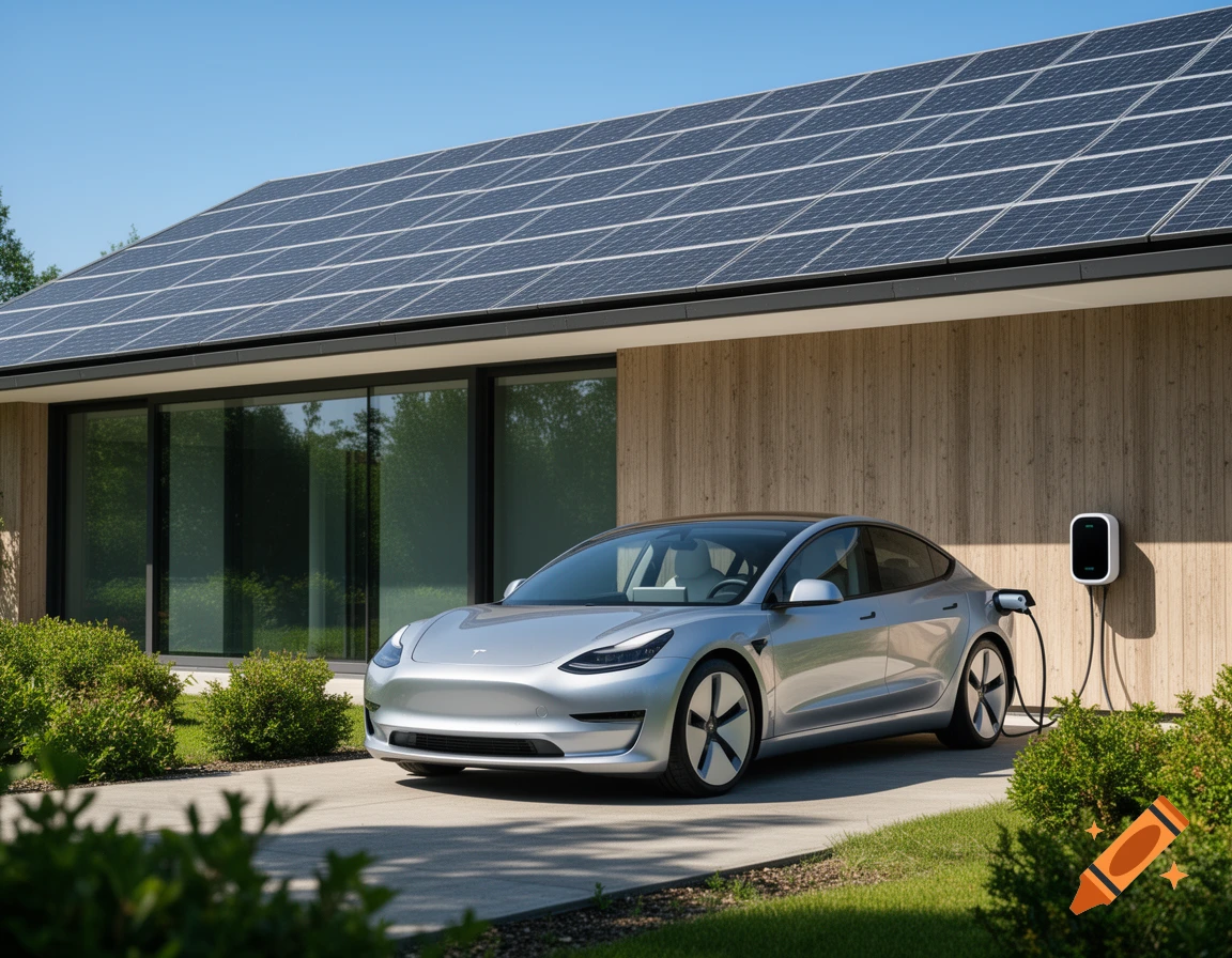 A silver electric car charges at a wallbox on a modern house with solar panels, under a clear sky.
