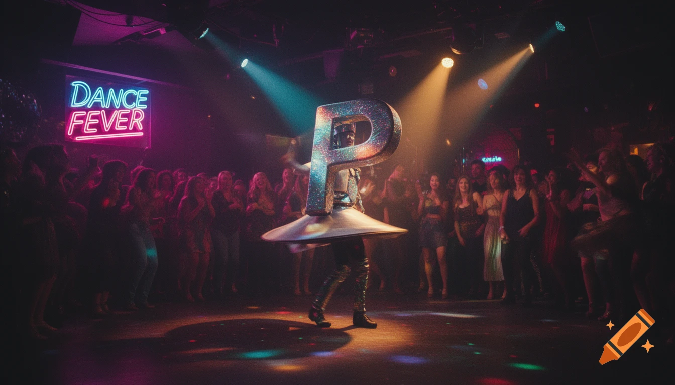 A person in a large, sparkling letter 'P' costume dances on stage in a dark nightclub with neon lights and a crowd.