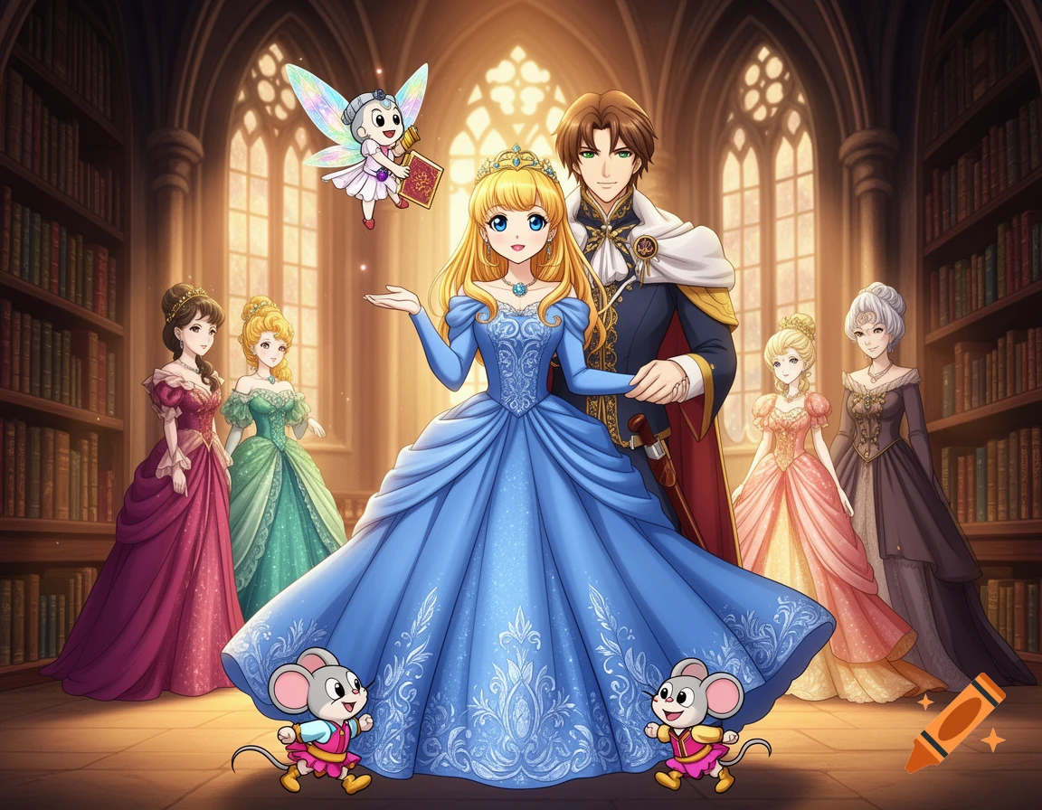 Anime illustration of a princess in a blue gown, prince, fairy, and mice in a castle library, with other women in elegant dresses.