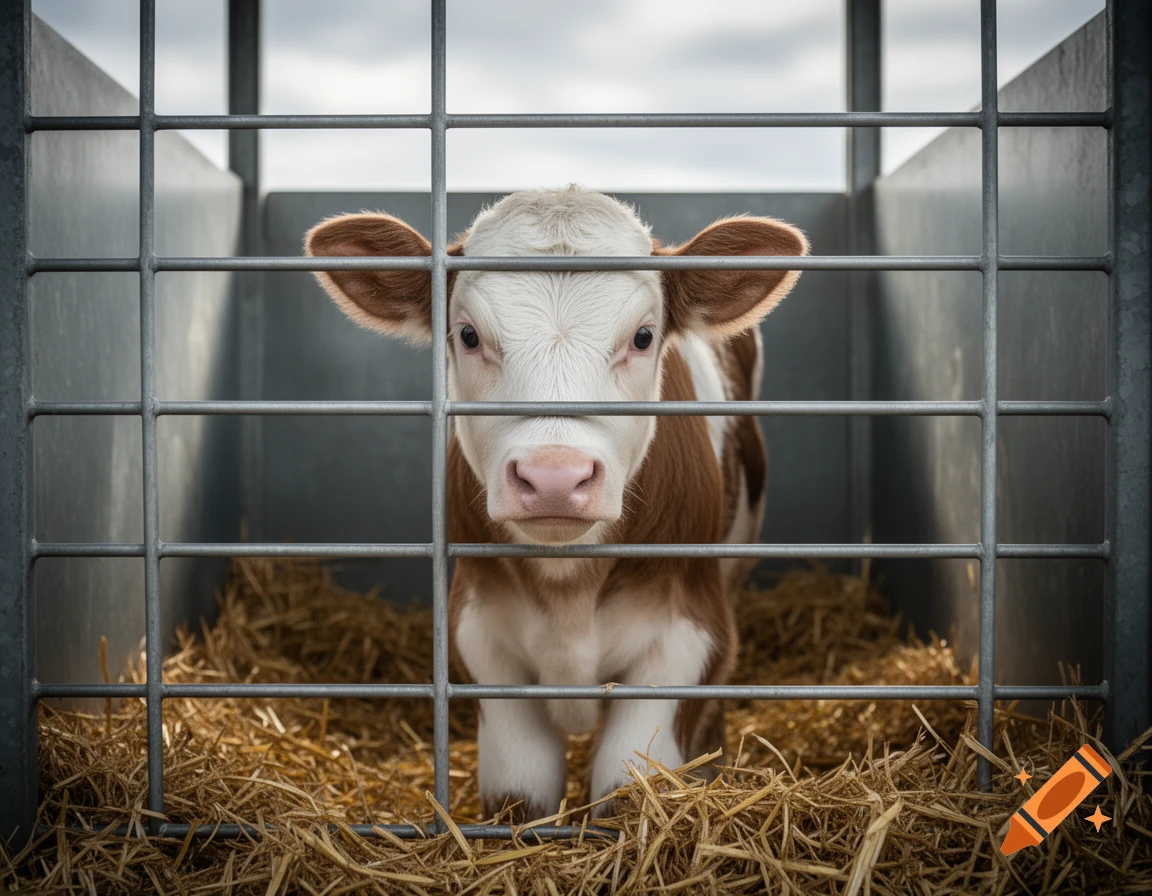 A young brown and white calf stands in a metal pen with straw, looking directly forward.
