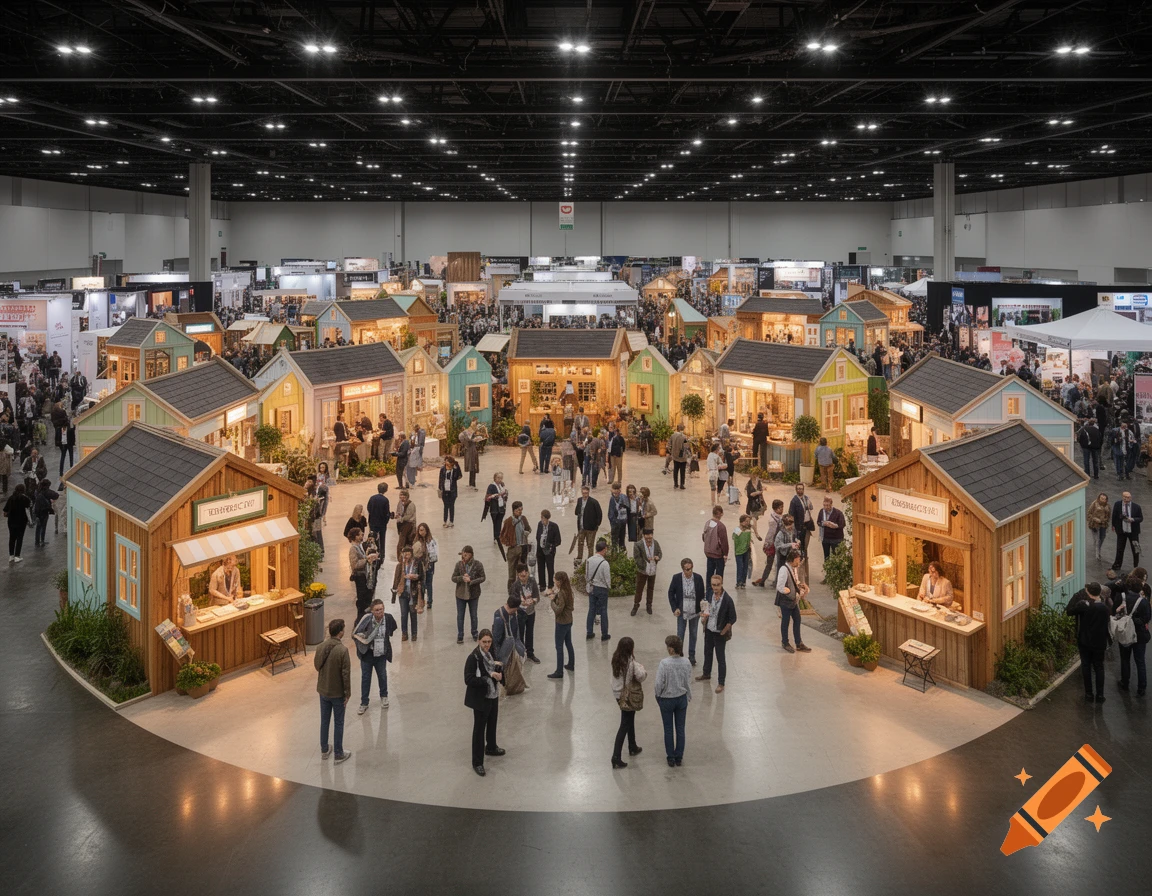 Large indoor trade show with numerous colorful, house-like market stalls arranged in a circular layout, bustling with visitors.