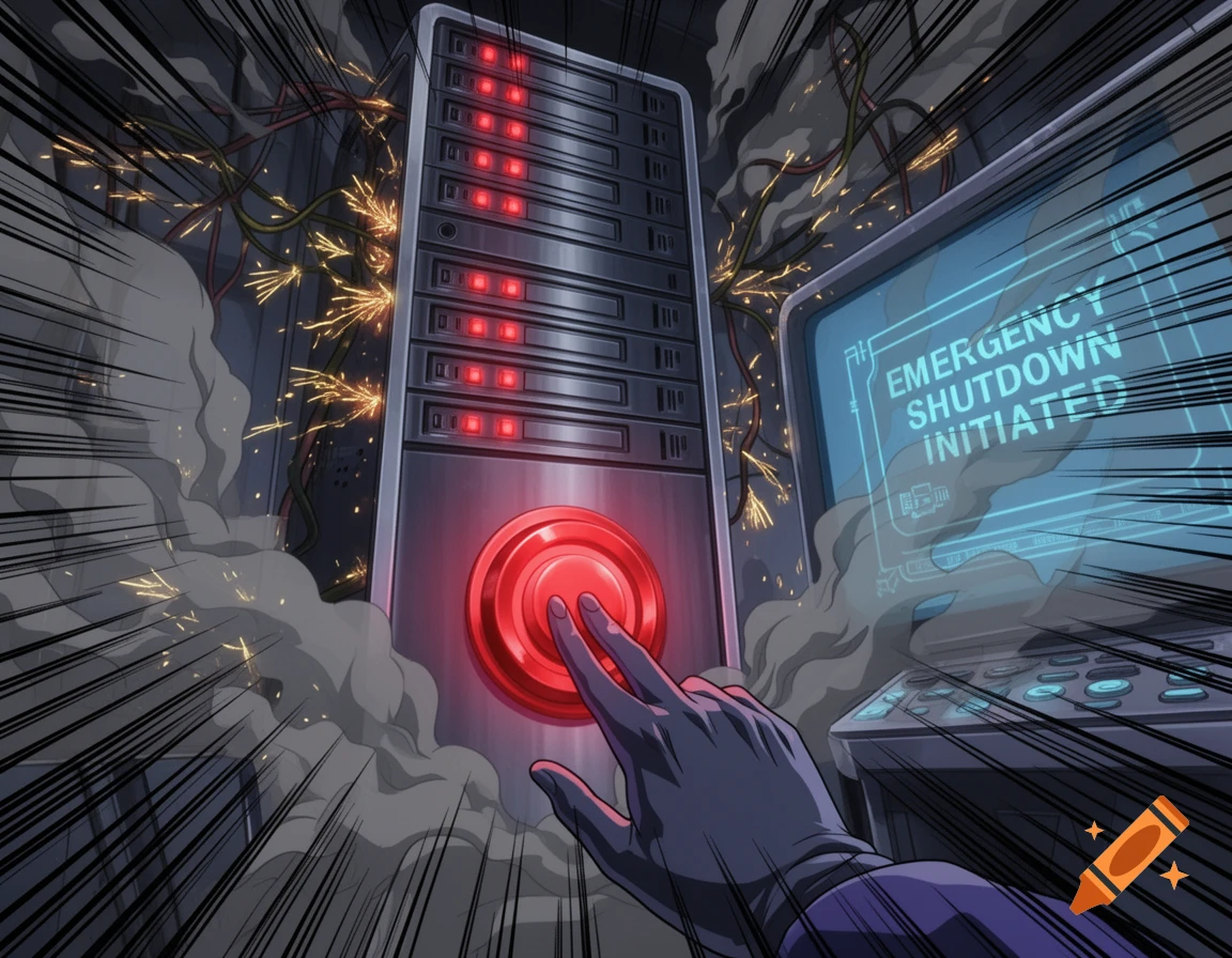 A gloved hand presses a large red emergency shutdown button on a server rack amidst sparks and smoke, in an anime style.