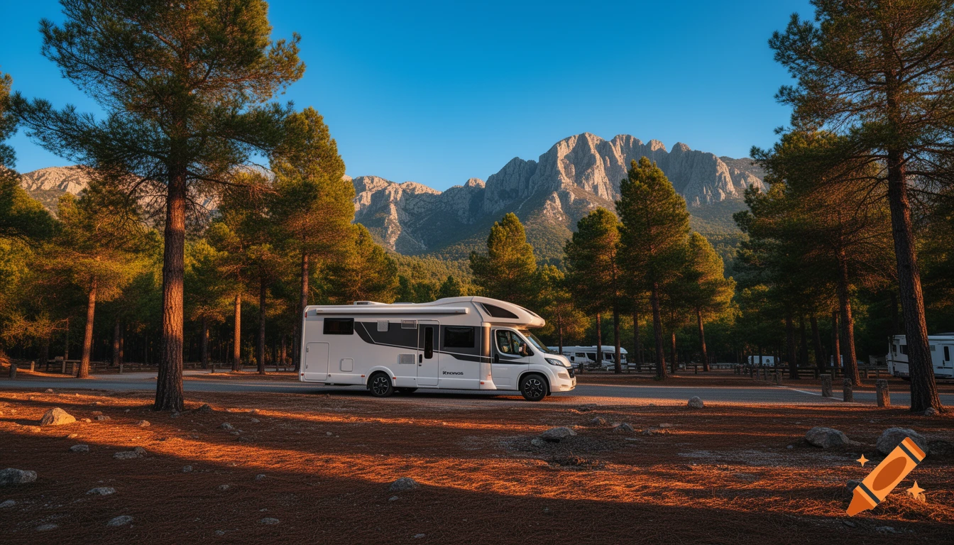 A white motorhome, a Roller Team Kronos, is parked at a sunny mountain campsite surrounded by pine trees under a clear blue sky, bathed in golden light.