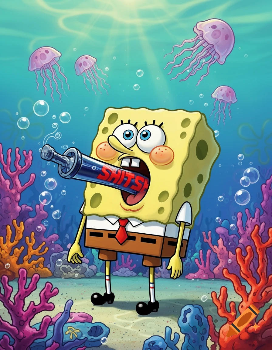 Spongebob Squarepants underwater, spewing the word 'SHITS' from a blue bottle into his open mouth, surrounded by jellyfish and coral.