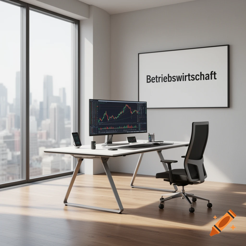 A modern office with a desk, large monitor showing financial charts, an ergonomic chair, and a whiteboard displaying 'Betriebswirtschaft', overlooking a city.