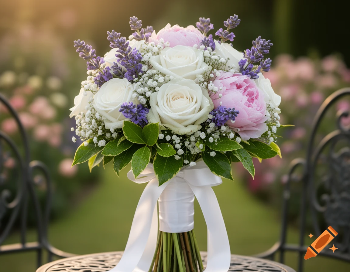 A vibrant wedding bouquet featuring white roses, pink peonies, and purple lavender, tied with a white ribbon, set in a sunny garden.