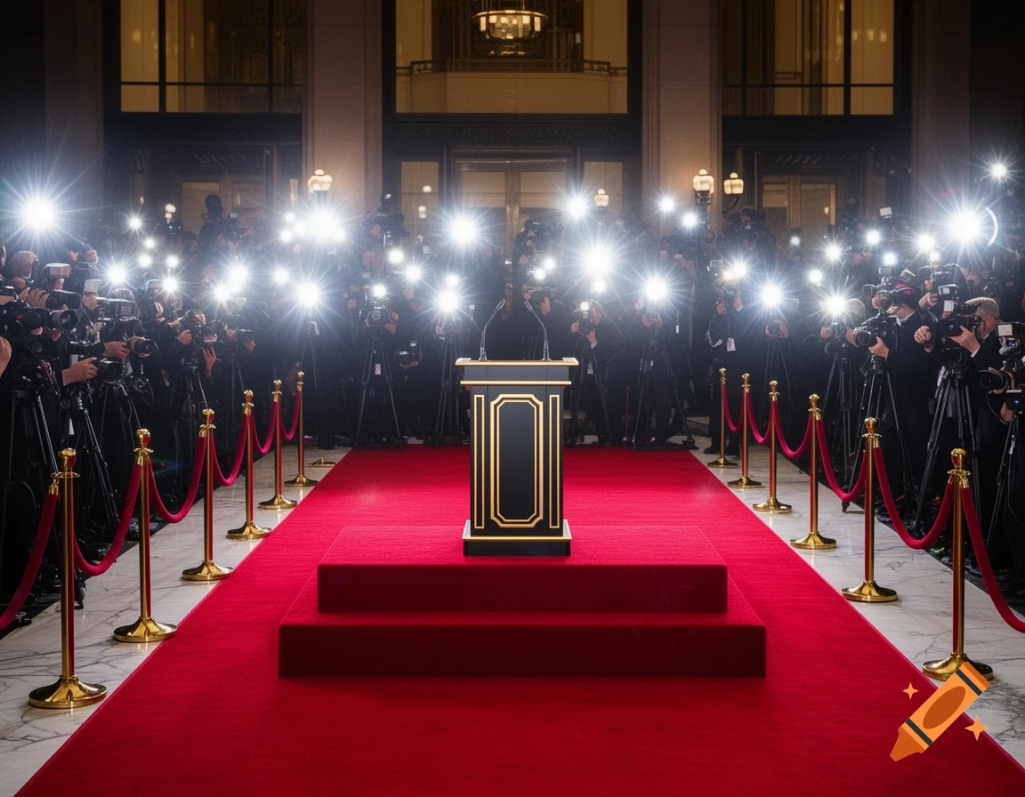 A red carpet leads to a black and gold podium, surrounded by photographers with flashing cameras in a grand hall.