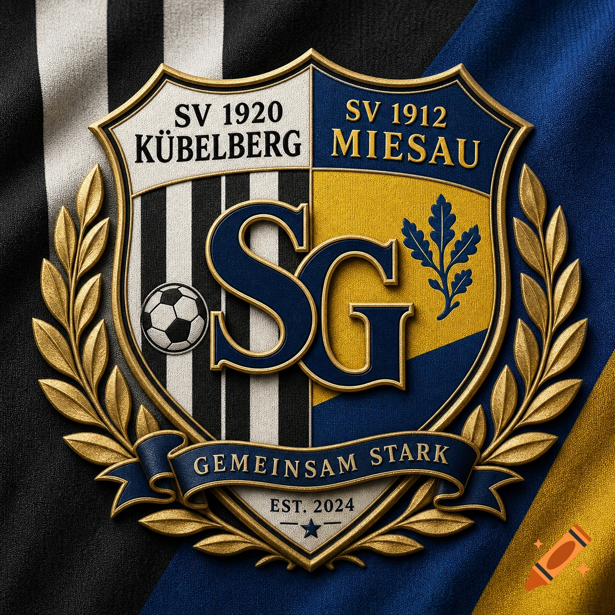An ornate sports crest with 'SG' initials, 'SV 1920 KÜBELBERG', 'SV 1912 MIESAU', and 'GEMEINSAM STARK' on a textured background.
