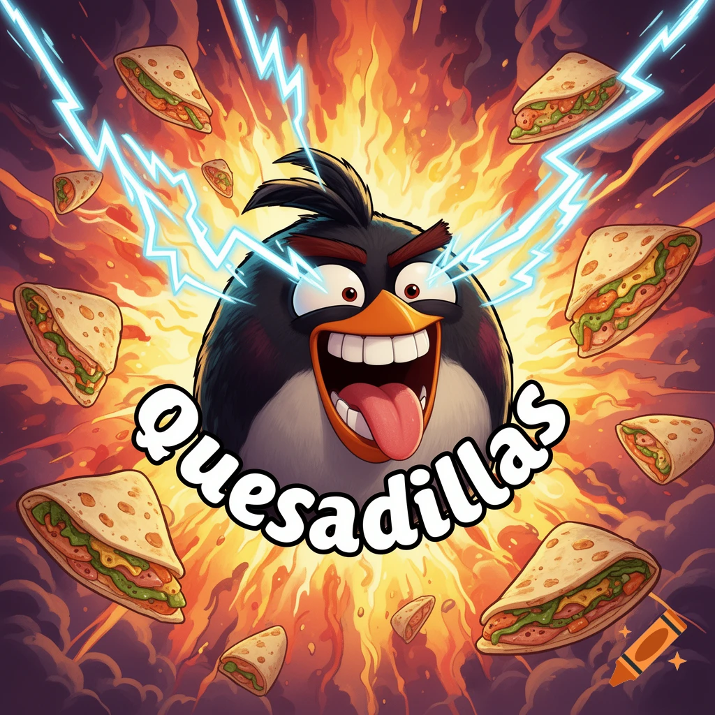 Cartoon Angry Birds Bomb character with lightning eyes, a huge smile, and tongue, surrounded by quesadillas and fire, with "Quesadillas" text.