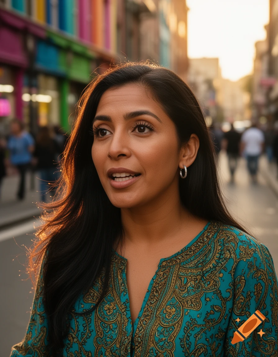 A photorealistic close-up of a woman with long dark hair in a patterned blue top, on a vibrant city street at sunset.