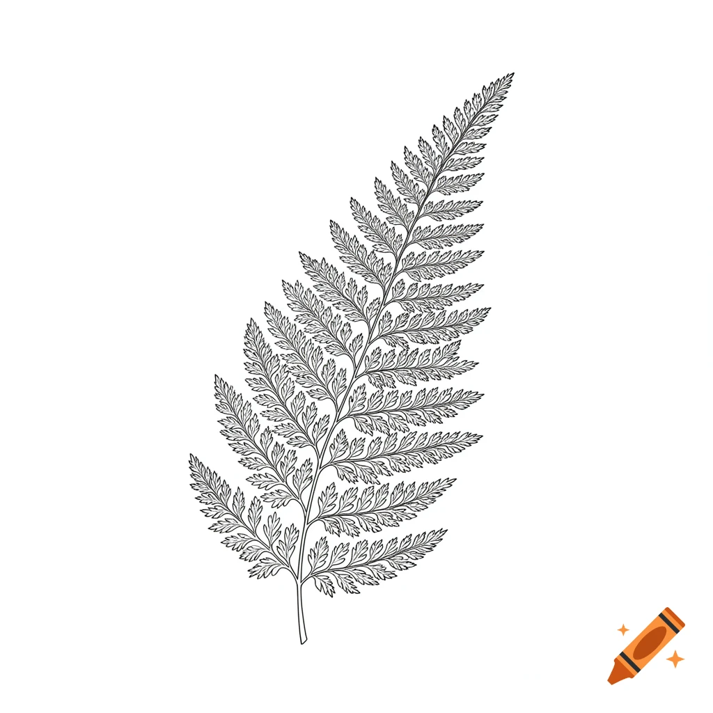 Black and white line art illustration of a delicate fern leaf on a clean background.