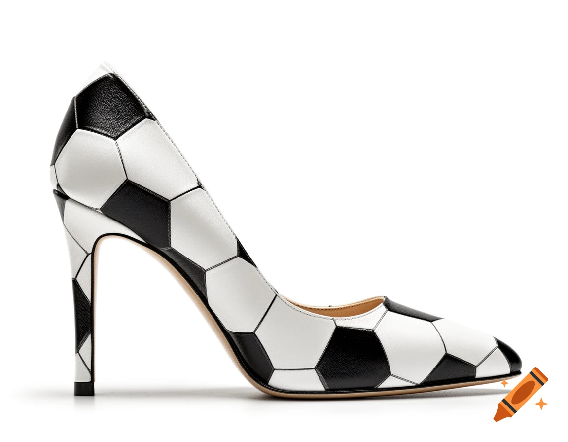 A single black and white soccer ball patterned high heel pump in a side view on a white studio background.