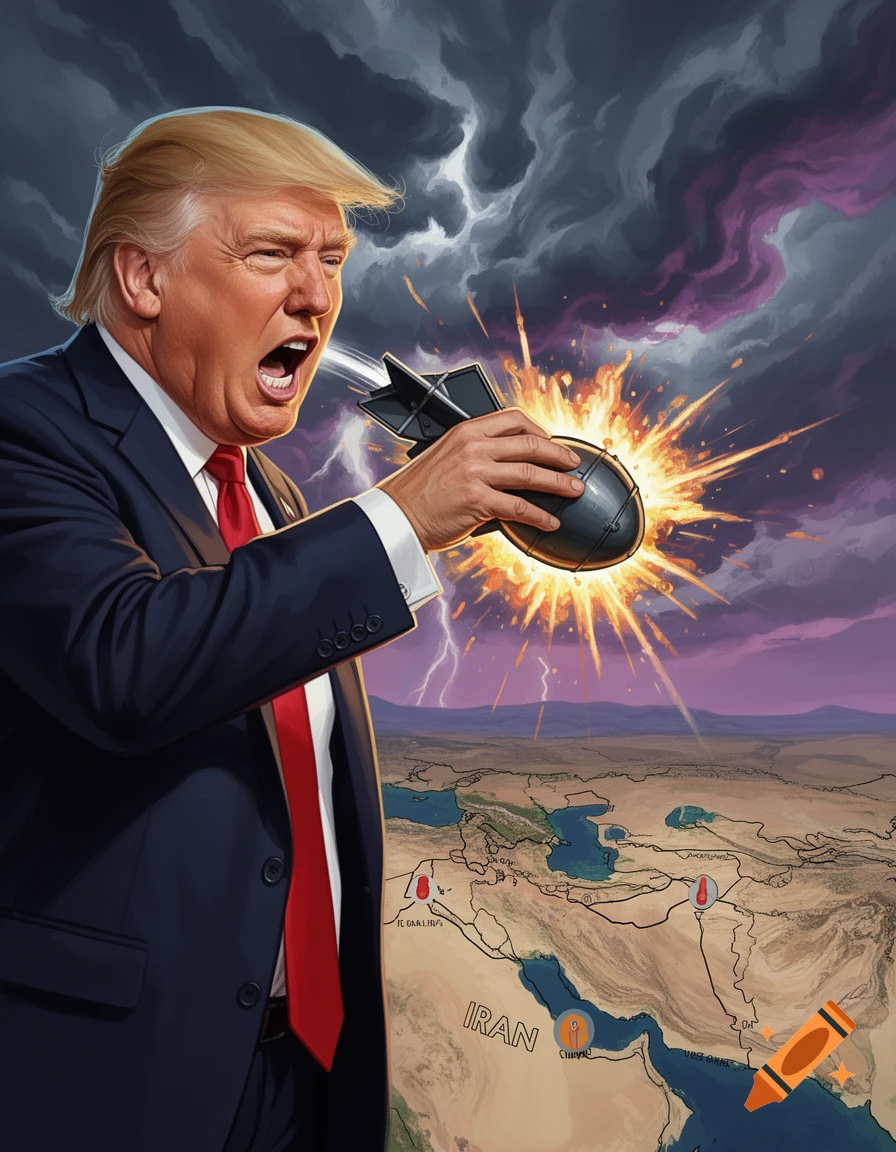Caricature of Donald Trump holding an exploding bomb over a map showing the Middle East and Iran, in a comic book style.