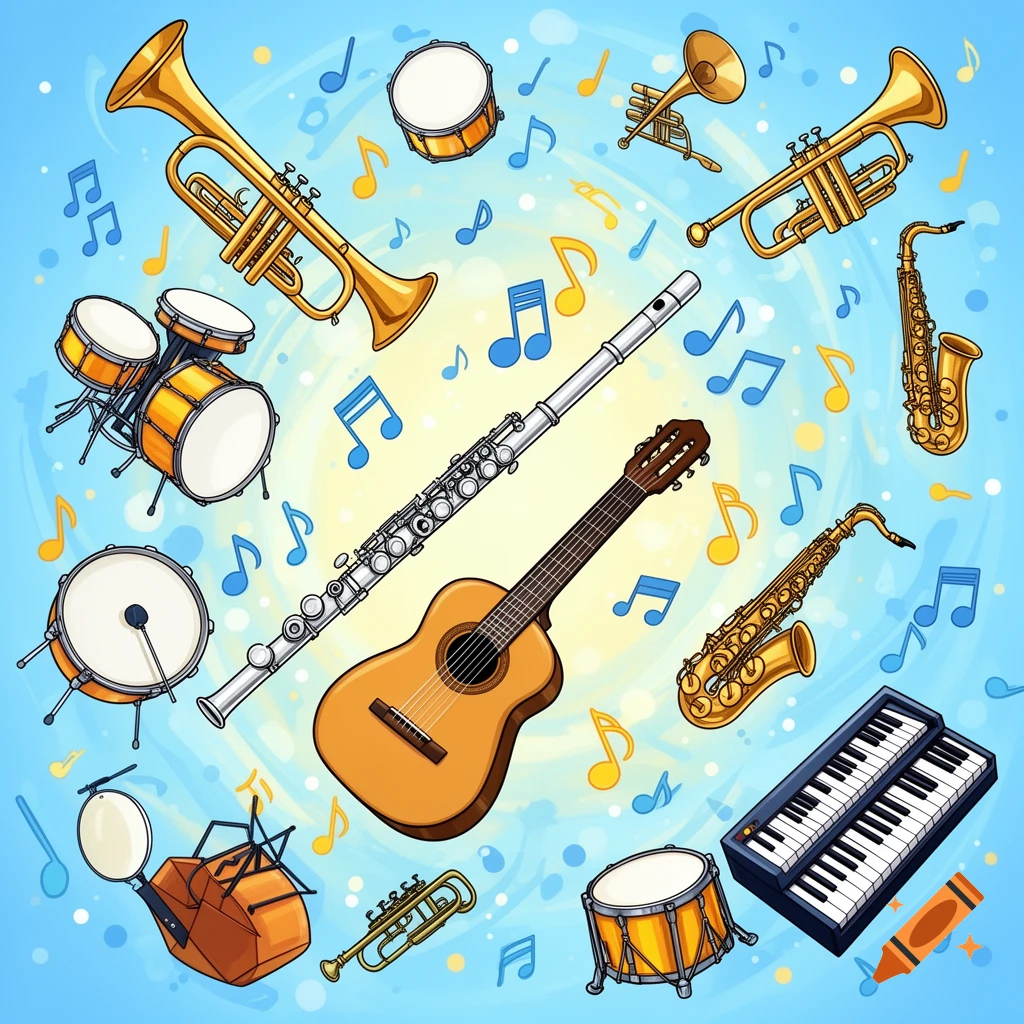 Clipart illustration of trumpets, saxophones, drums, flute, guitar, and keyboard, with musical notes swirling on a blue and yellow background.