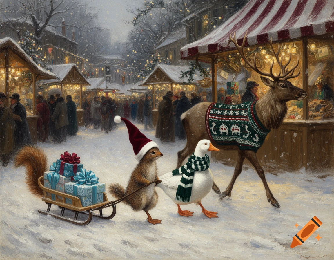 An impressionist oil painting of a squirrel pulling a sled with presents, a duck, and a reindeer in a snowy Christmas market.