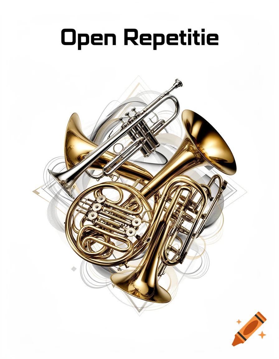 Golden and silver brass instruments with abstract elements, text 'Open Repetitie', on a white background.