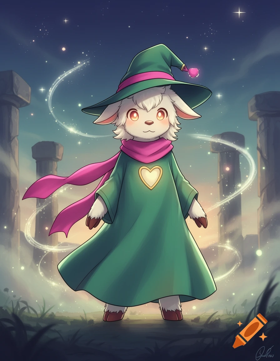 A fluffy white goat-like creature wearing a green wizard hat, pink scarf, and green robe with a golden heart, stands in a magical landscape with ancient ruins and a starry sky.