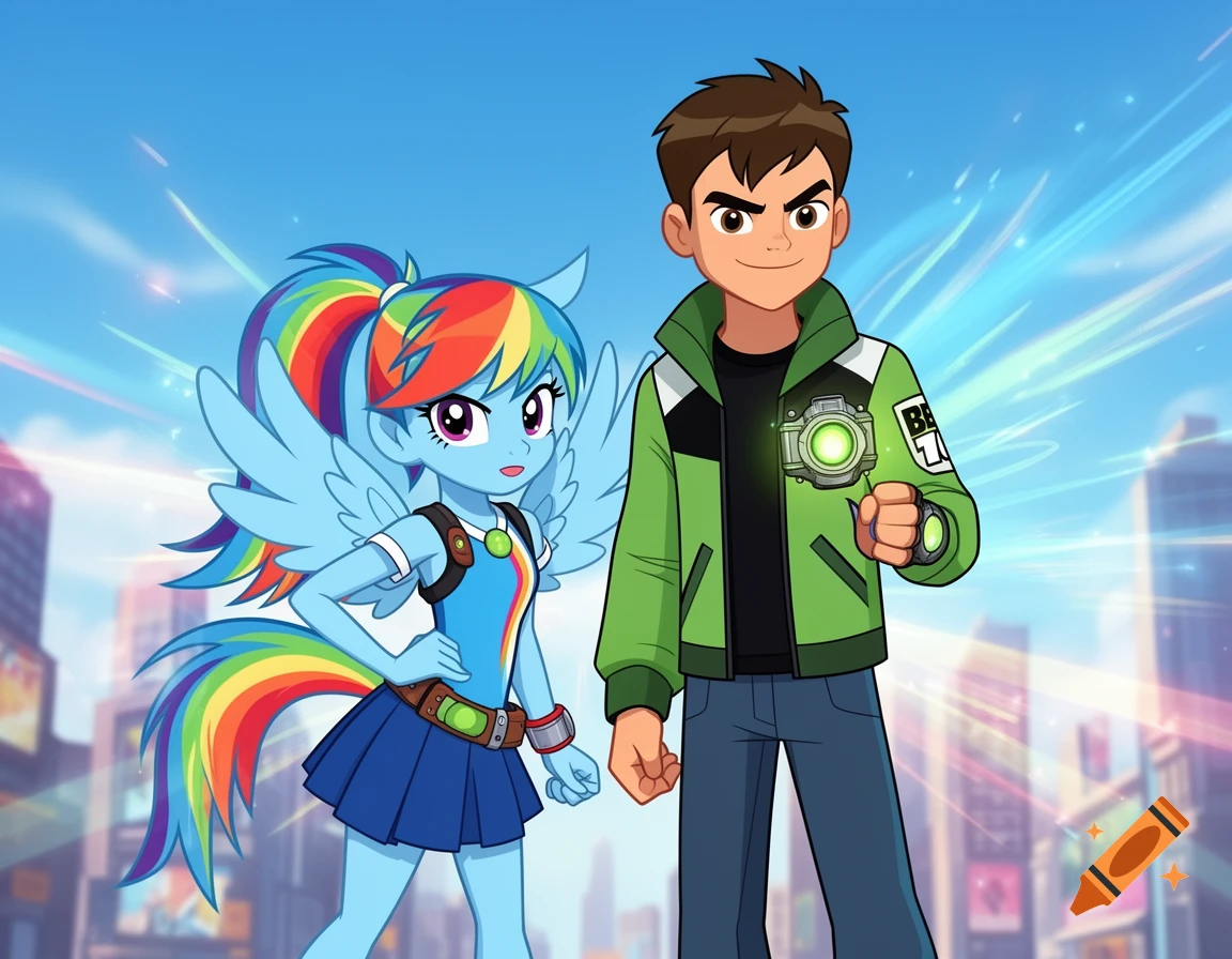 Cartoon characters Ben 10 and Rainbow Dash Equestria Girls stand together against a bright city background.