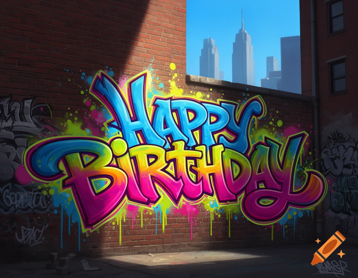 Vibrant 'Happy Birthday' graffiti art covers a brick wall in an urban alley, with city skyscrapers in the background.