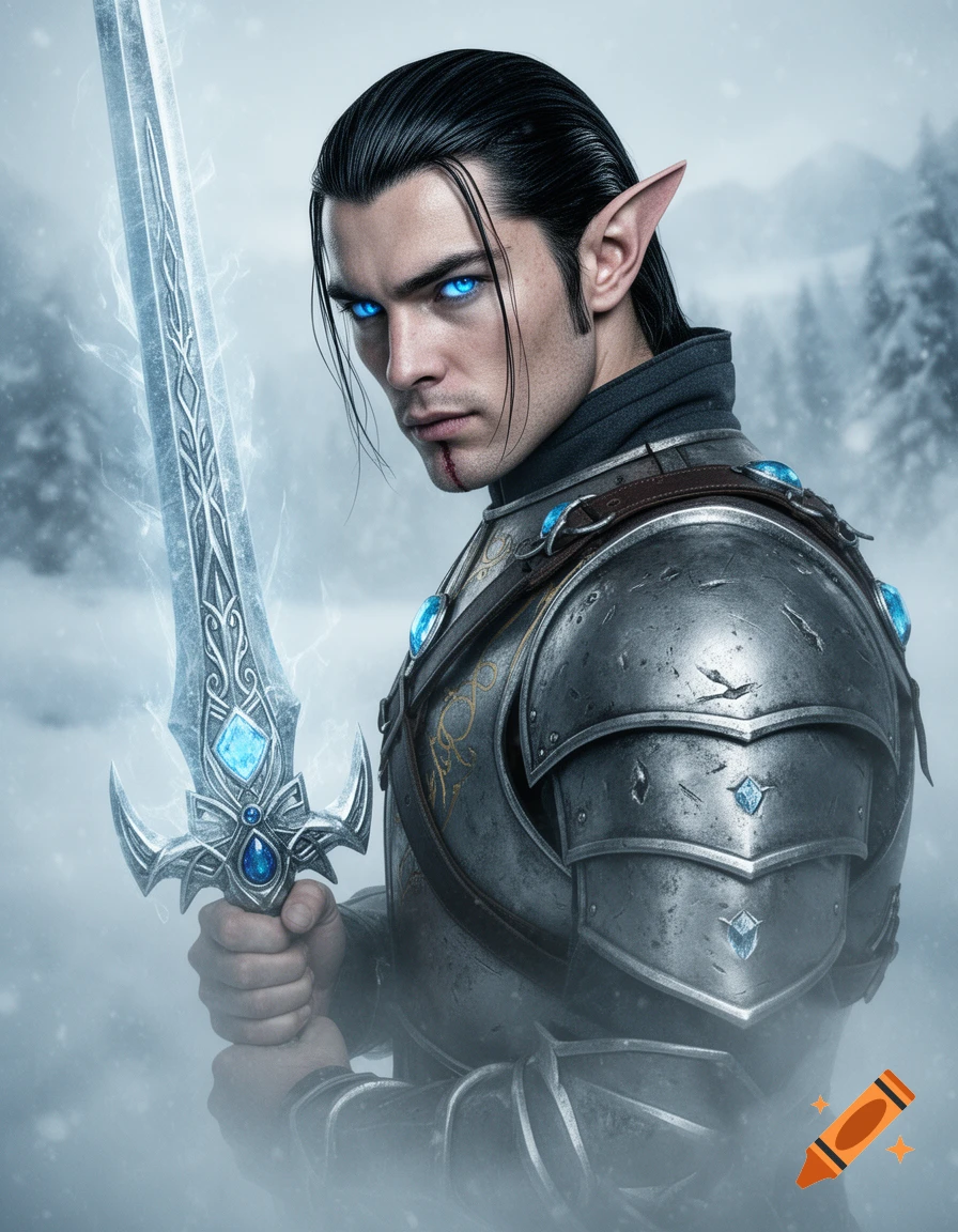A photorealistic dark-haired elf warrior with glowing blue eyes and ornate armor grips a magical ice sword in a snowy landscape.