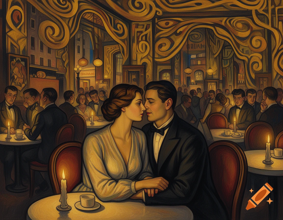 A couple gazes at each other in a dimly lit, art deco-style cafe filled with other patrons, resembling a painting.
