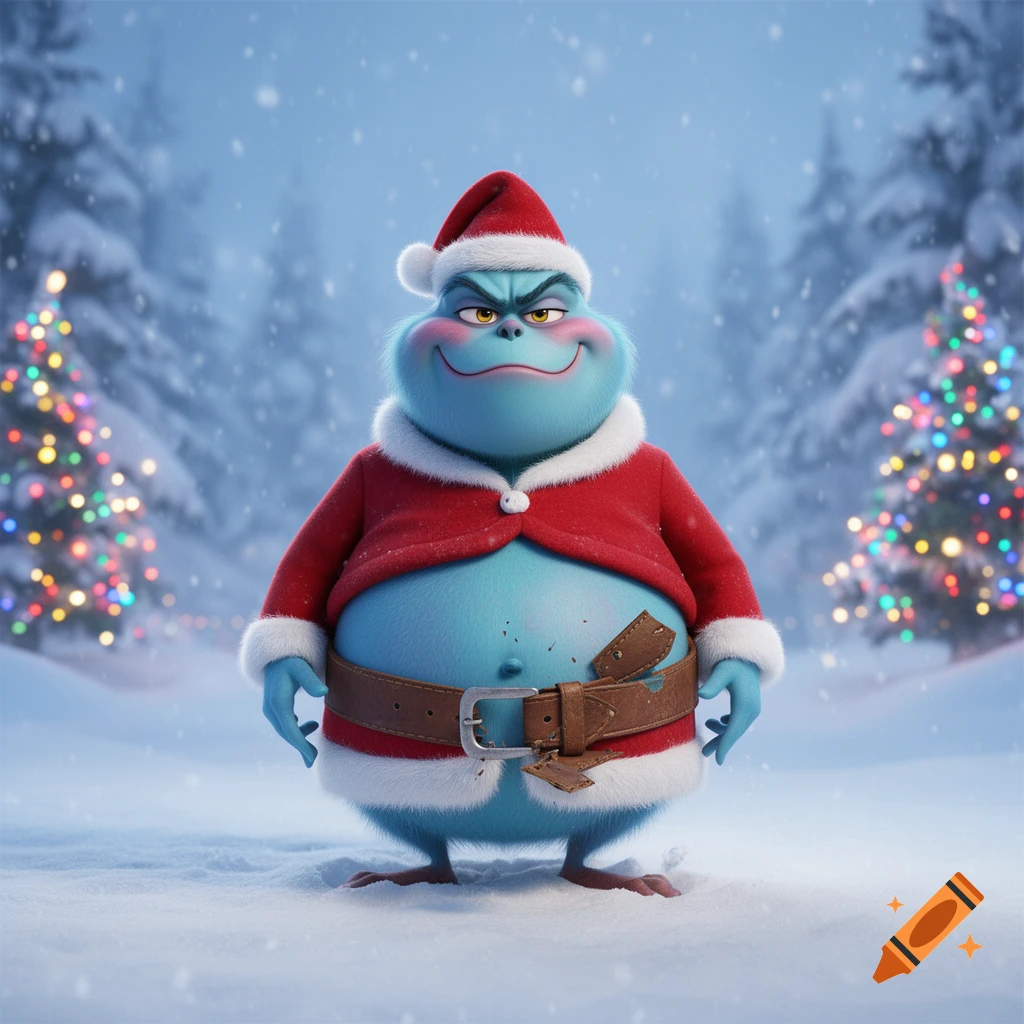 A grumpy, embarrassed blue Grinch-like character in a broken Santa suit, with an inflated belly, standing in a snowy forest with Christmas trees.