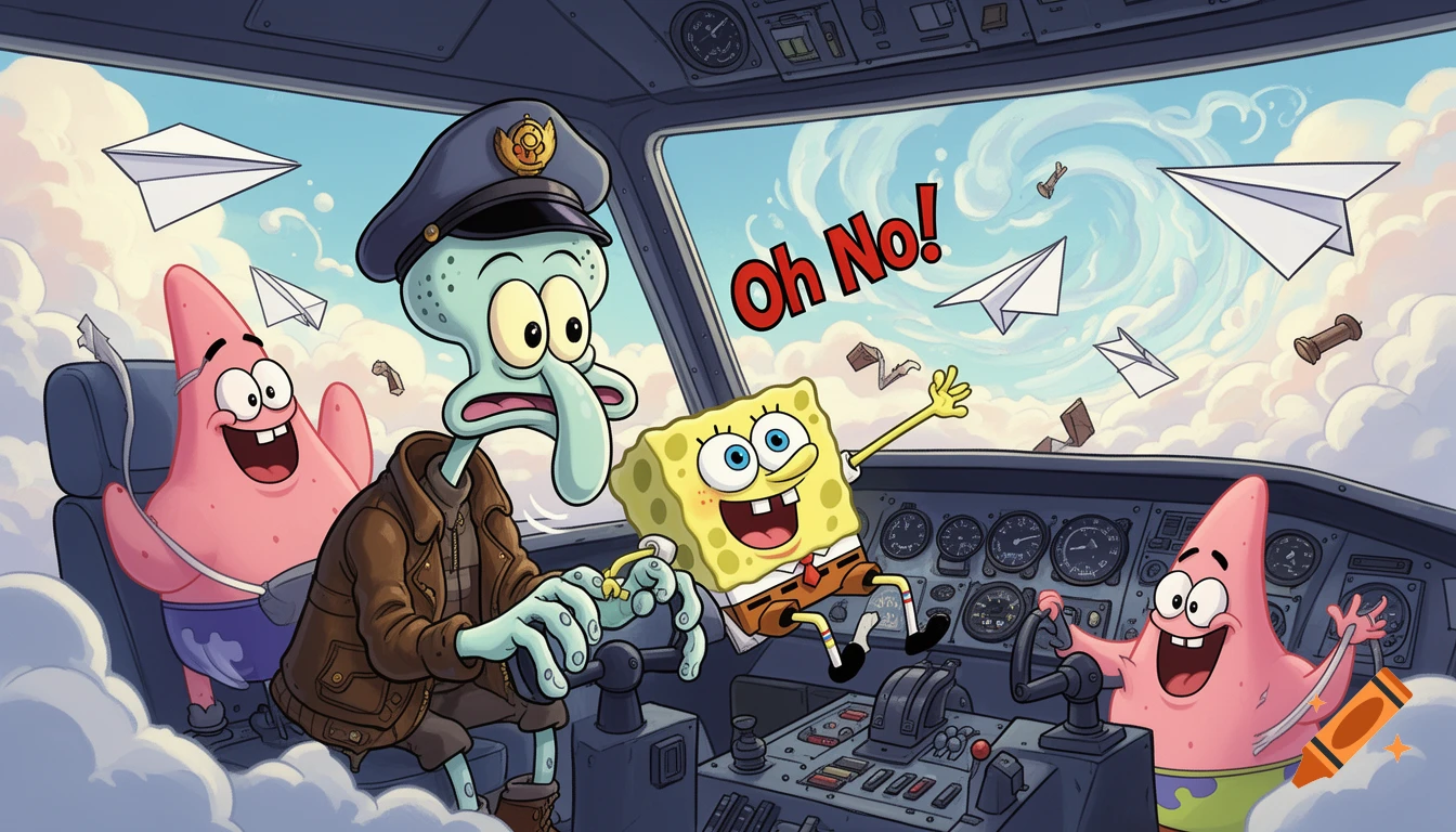 Pilot Squidward looks horrified in an airplane cockpit with Spongebob and Patrick Star, as paper airplanes fly outside. Text reads 'Oh No!'.