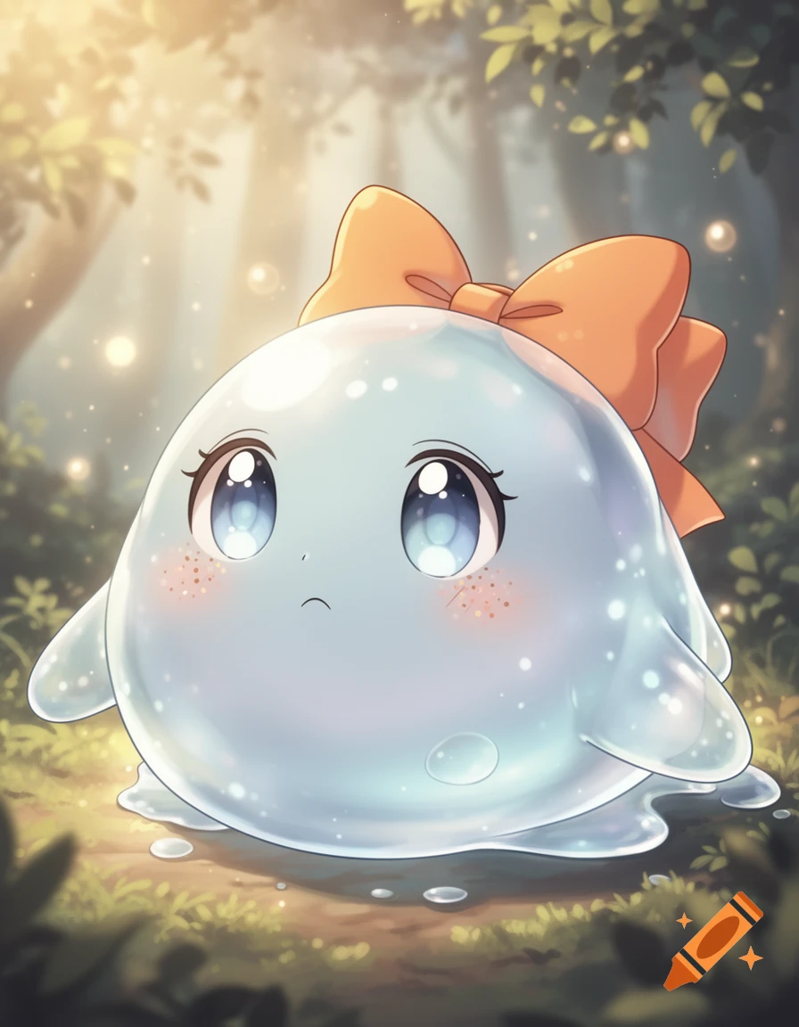 A cute, timid blue slime creature with an orange bow and big eyes sits in a glowing anime forest.