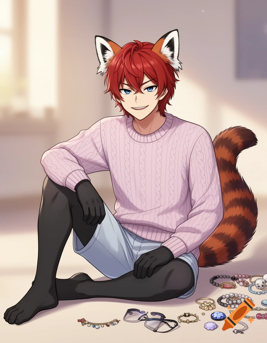 Anime-style red panda human hybrid man with red hair, blue eyes, wearing a pink sweater and shorts, sitting on the floor surrounded by jewelry and glasses.
