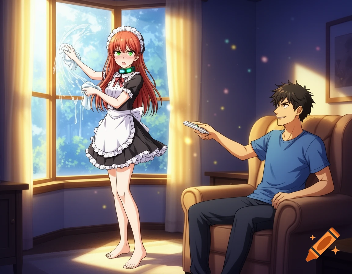 An embarrassed anime maid with an electronic collar cleans a window while a mischievous man points a remote at her from a chair.
