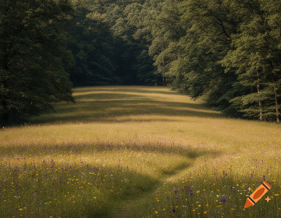 A sun-dappled meadow filled with yellow and purple wildflowers, flanked by dense green forests, with a faint path winding through.