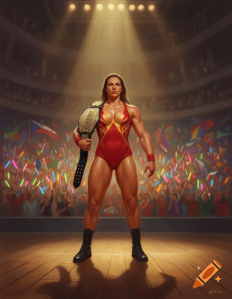 A muscular female wrestler in a red and gold leotard stands in a spotlight, holding a championship belt, in a crowded arena.